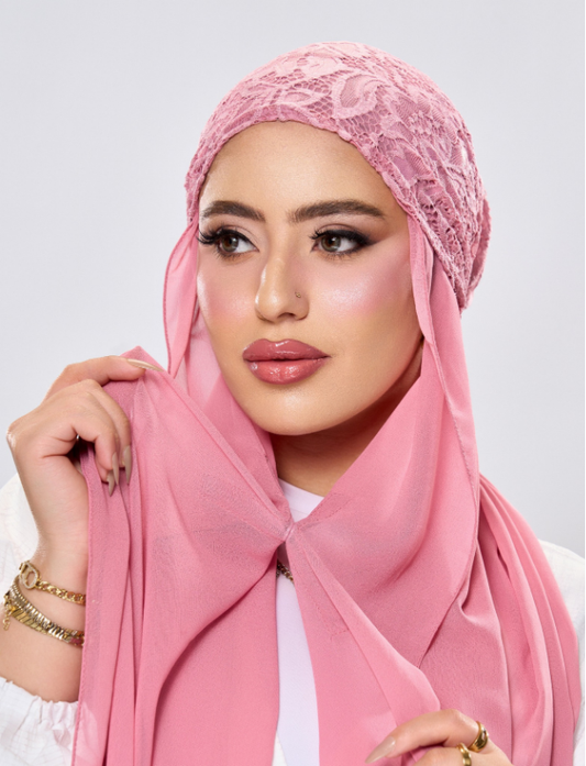 حجاب شيفون دانتيل بالمغناطيس - بينك