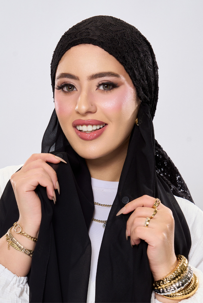 حجاب شيفون دانتيل بالمغناطيس - اسود