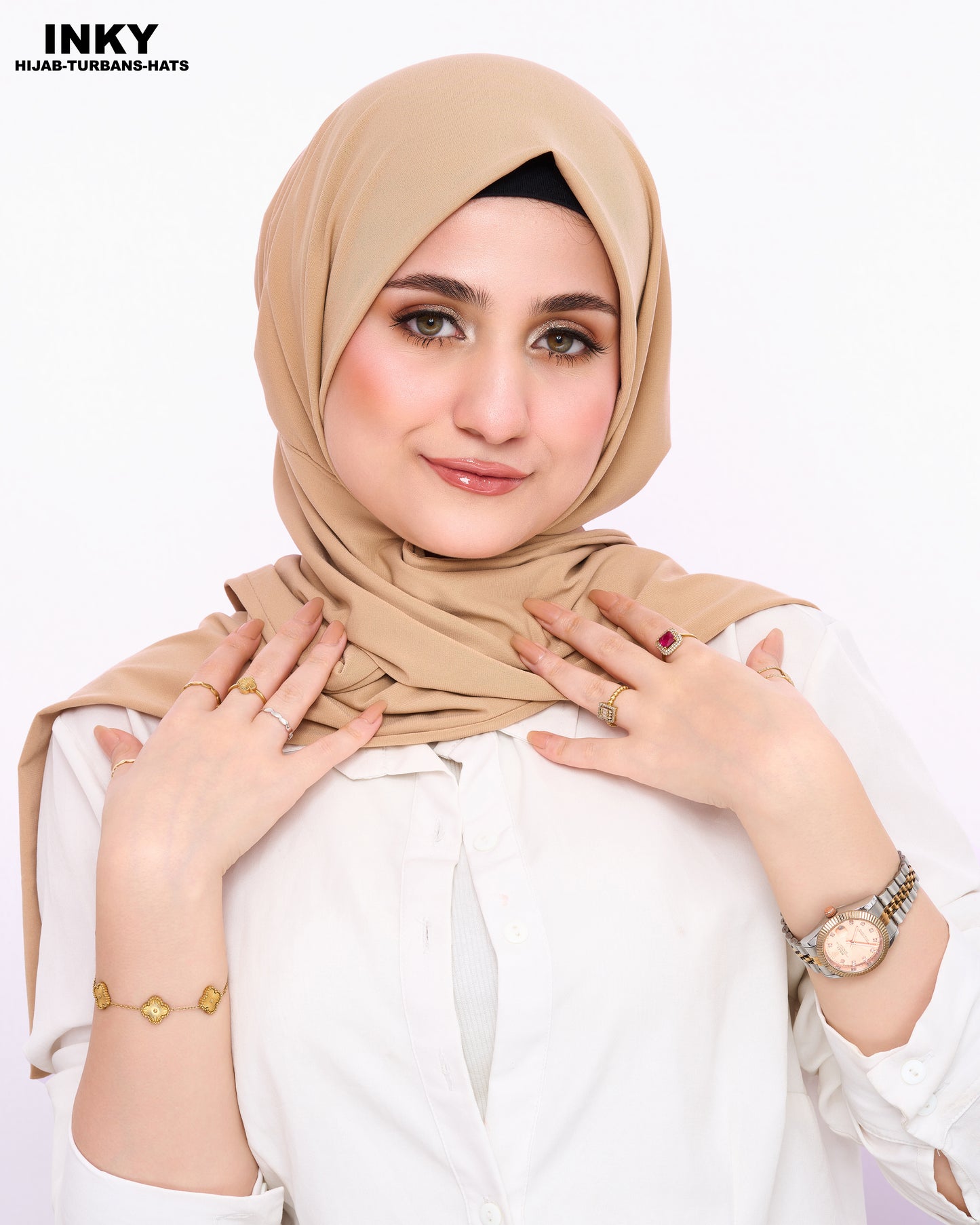 حجاب ثابت من الليكرا بزر كبس – بيج